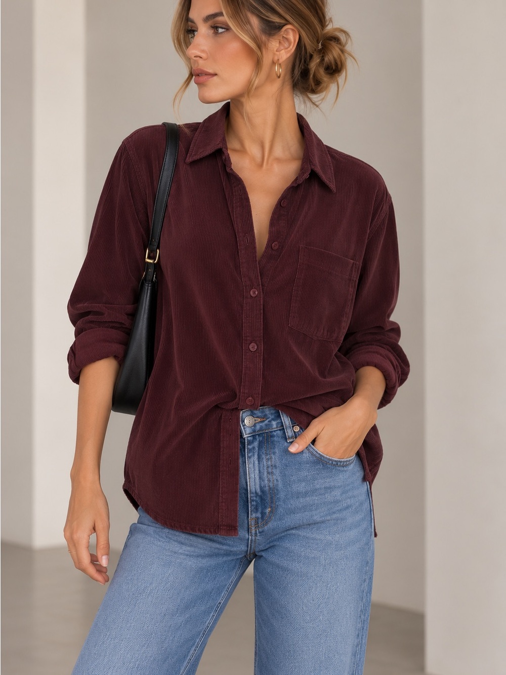 LOFT Burgundy Corduroy Button Down Shirt Oversized Relaxed Fit Medium